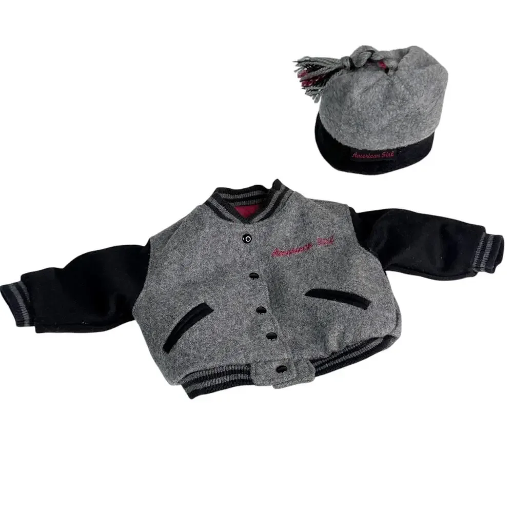 American Girl Varsity Jacket Hat Set Gray Wool Quilted Lined Coat Tassel Hat Vtg